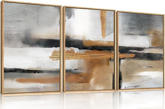 Modern Abstract Framed Canvas Wall Art Set, Neutral Textured Wall Decor, Boho Minimalist Gold and Gray Wall Painting for Living Room, Bedroom, Dining Room, Office - 16" x24" x3
