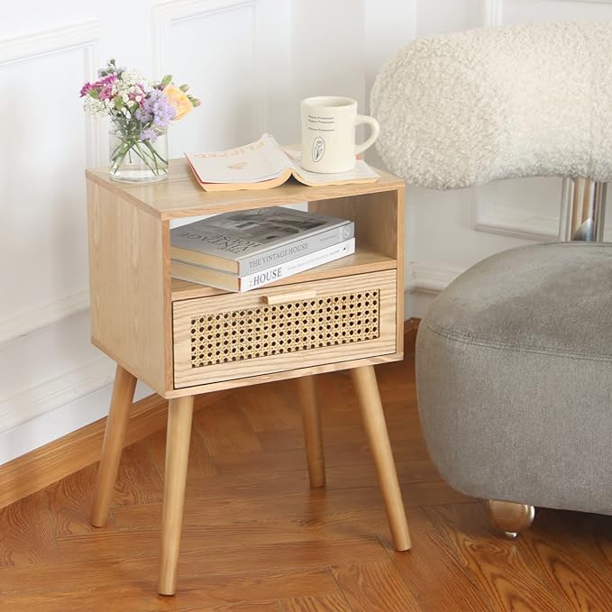 MaxSmeo Modern Nightstand Rattan Side End Table with Storage, for Living Room, Bedroom and Small Spaces, Accent Bedside Farmhouse Tables with Solid Wood Legs, Easy Assembly (Natural Walnut)