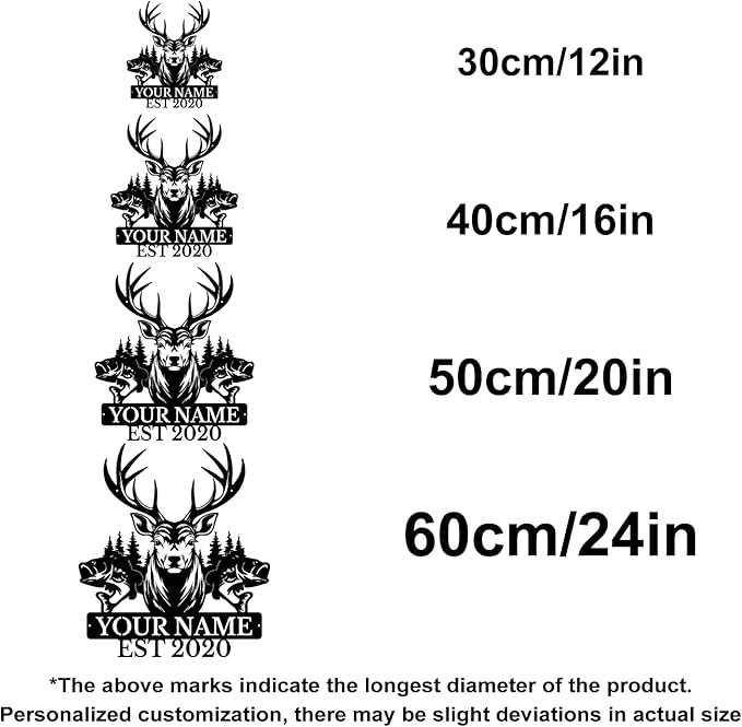 Personalized Custom Forest Deer and Fish Wall Decor, Metal Signs, Black Metal Wall Art, Custom Name Signs for Dad's Shed, Camping and Hunting Decor