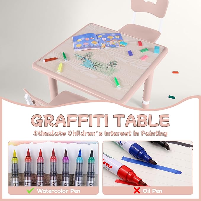 Toddler Table and Chair Set, Height Adjustable-Upgrade Kids Table and 2 Chairs for Ages 3-8, Multi-Activity Toddler Play Table with Graffiti Desktop for Home/Daycare/Classroom