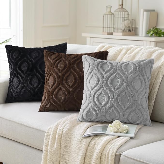 decorUhome Fall Throw Pillow Covers 20x20 Inch Set of 2, Soft Plush Decorative Faux Fur Grey Solid Couch Pillow Covers, Accent Farmhouse Neutral Square Euro Pillow Cases for Sofa Bed Living Room