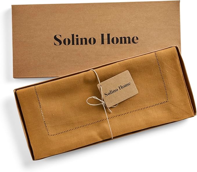 Solino Home Linen Brown Sugar Table Runner 120 Inches Long - 100% Pure Linen 14 x 120 Inch Table Runner for Fall, Autumn, Thanksgiving - Classic Hemstitch