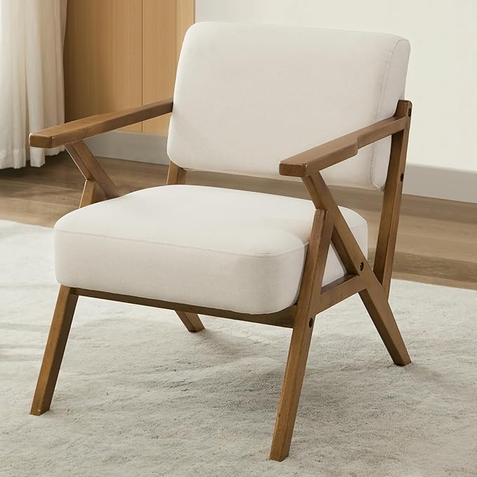 Mid-Century Modern Chair Upholstered Lounge Arm Chair with Solid Wood Frame Thicker Cushion for Living Room, Reading, Balcony, Beige Linen