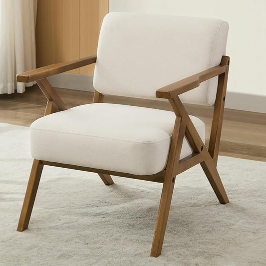 Mid-Century Modern Chair Upholstered Lounge Arm Chair with Solid Wood Frame Thicker Cushion for Living Room, Reading, Balcony, Beige Linen