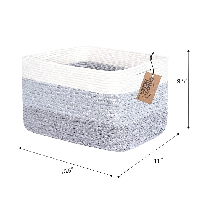 COMFY-HOMI Cotton Rope Woven Basket with Handles for Shelves,Toys,Book, Cloth Storage Baskets Bin for Organizing-13.5"x11"x9.5" Toy Decorative Organizer for Living Room, Bathroom-White/3Tone Grey