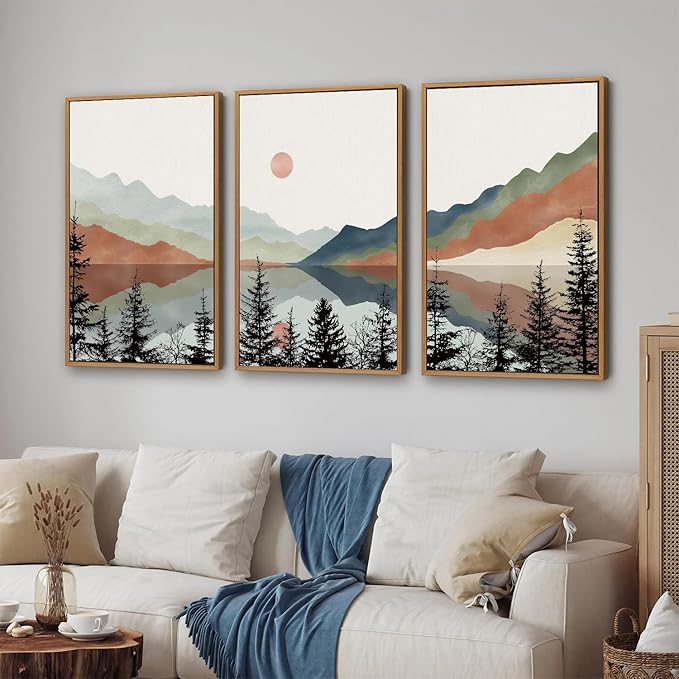 Tinonedraw Boho Mountain Framed Canvas Wall Art Set, Watercolor Nature Landscape Wall Decor, Black Pine Trees Forest Artwork, Neutral Modern Sunrise Art Prints for Living Room Bedroom Office 24"x36"x3