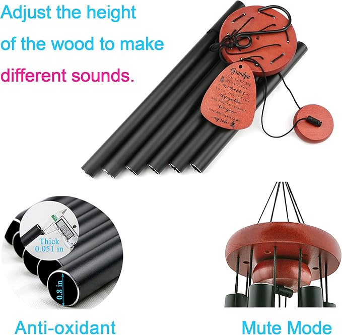 Memgift Memorial Wind Chime for Loss of Grandpa - Solid Beech Wood Sympathy Gift - Outdoor Bereavement Wind Chime for Garden, Patio - in Remembrance of Grandfather 32 Inch