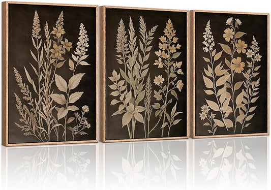 HLNIUC Vintage Botanical Fern Framed Canvas Wall Art Set,Black and Tan Plant Leaf Wall Decor,Netural Minimalist Herb Floral Art Print,Modern Farmhouse Wall Painting for Living Room,Bedroom - 16”x24”x3