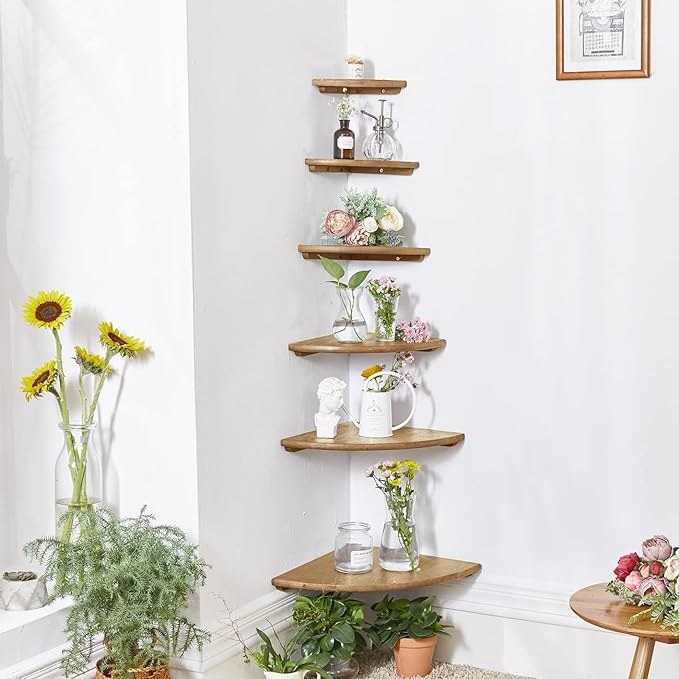 Corner Shelf, Solid Oak Wood Floating Corner Shelf Wall Mount Round End Floating Speaker with Wire Hole for Small Plant Photo for Bedroom Kitchen, Living Room