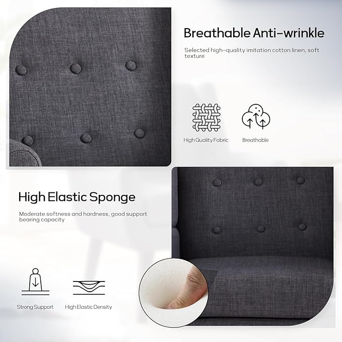 HUIMO Accent Chairs Set of 4, Upholstered Button Tufted Armchair, Linen Fabric Sofa Chairs for Bedroom, Living Room, Mid Century Modern Comfy Reading Chair (4, Grey)