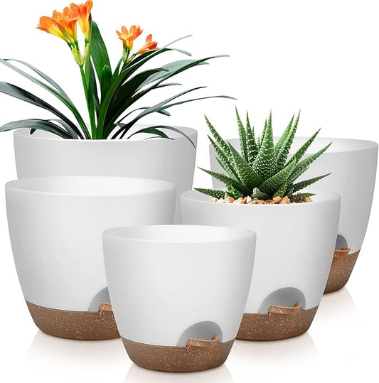 Plant Pots 10/9/8/7.5/7 Inch Self Watering Pots, Set of 5 Plastic Planters with Drainage Holes and Saucers,Plastic Flower Pots,Nursery Planting Pot for Indoor Out Door Plants（White）