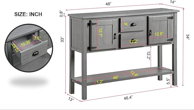 Solid Wood Farmhouse Console Table Sofa Table with Storage Drawers and Shelves for Storage Entry Hallway Foyer Sofa Side Table(48" Gray)