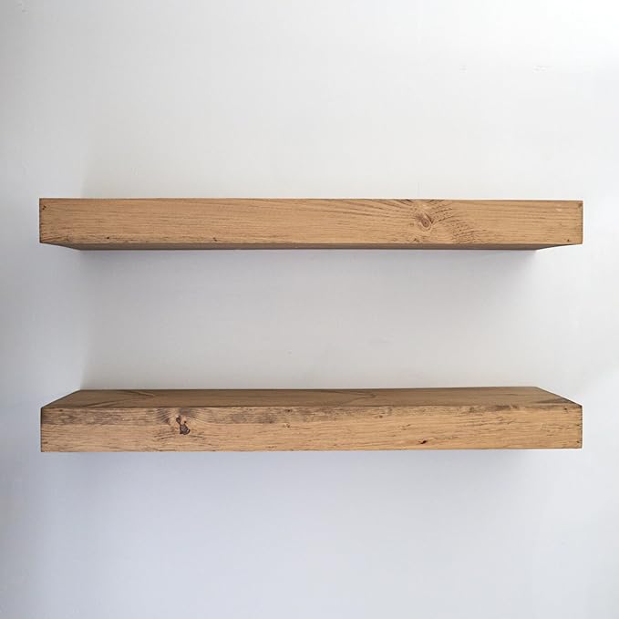 Modern Floating Shelves 3 Inches Thick for Wall, Wide Shelves for Kitchen, Living Room, Bedroom, and Bathroom, Natural Pine Wood, Rustic Wooden Shelf, (Set of 2) (Aged Oak, 48Lx3Hx8D)