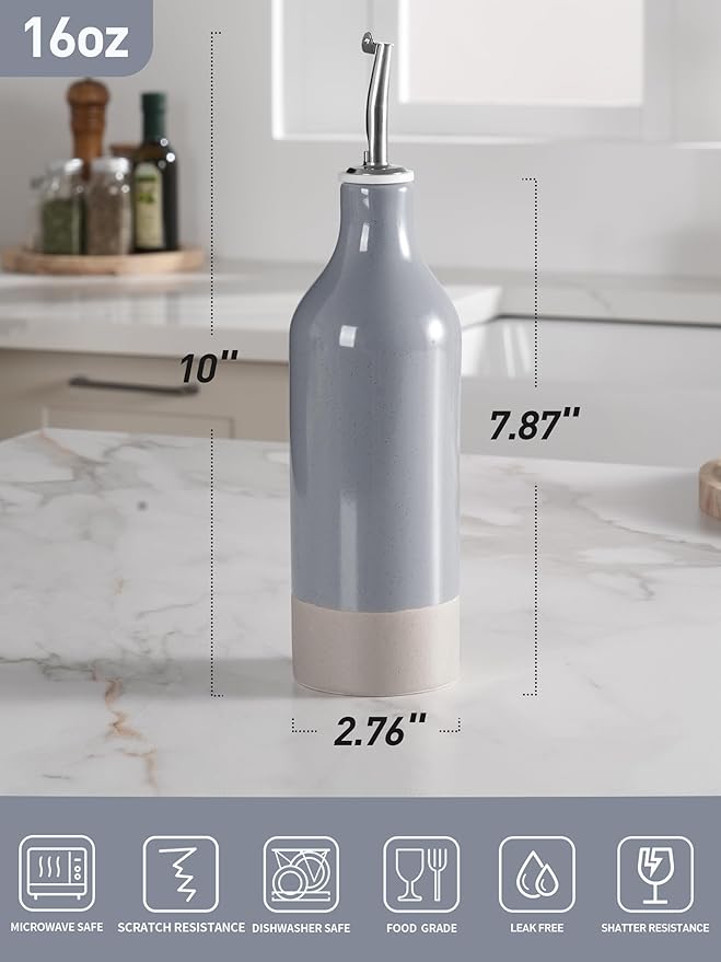 famiware Milkyway 16oz Ceramic Olive Oil Dispenser Bottle, 1 Piece Oil Dispenser for Kitchen with Stainless Steel Pourers, Suitable for Storage Vinegar, Soy Sauce, Coffee Syrup, Liquids, Dark Gray