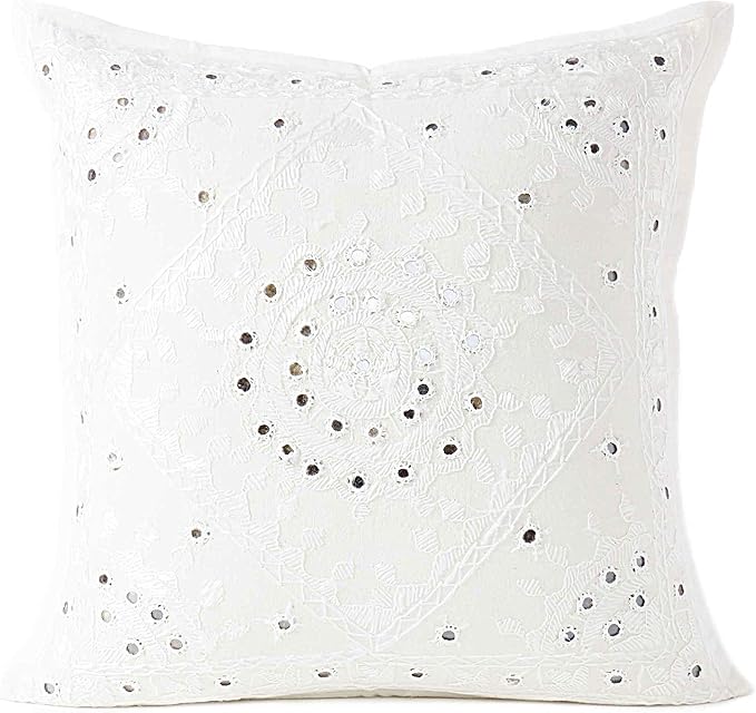 Eyes of India Embroidered Decorative Boho Throw Pillow Cover with Mirrors, Handmade Bohemian Accent Cushion Case for Sofa Couch Bedroom Living Room (White, 16" x 16")