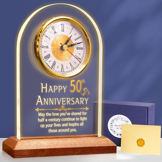 50th Anniversary Wedding Gift, Anniversary Quartz Clock, Desk Table Clock, 50 Years of Marriage, Golden Wedding for Couple, Parents, Grandparents (Wooden Base with LED Light)