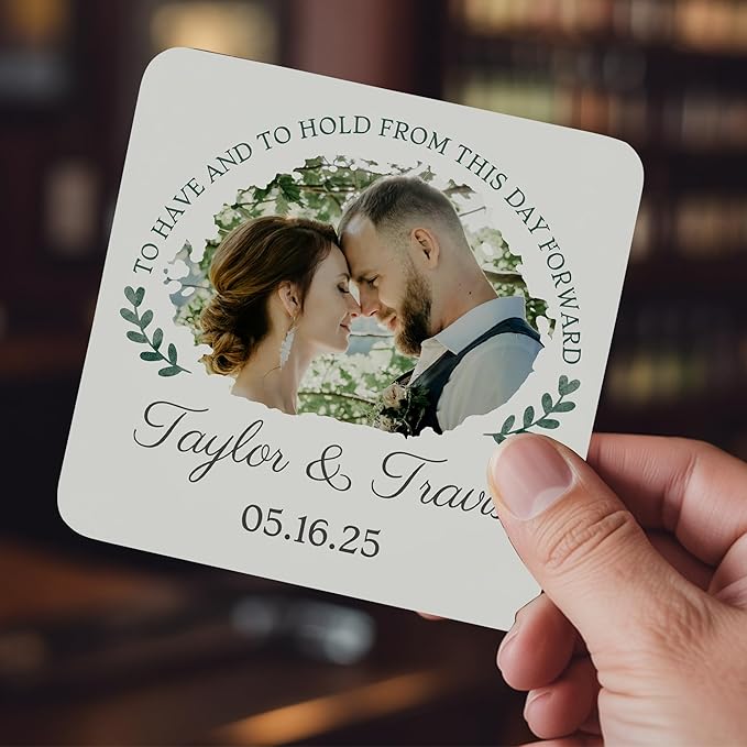 60 Pack Personalized Wedding Coasters, Custom Cardboard Coasters for Drinks with Photo Print and Text, Keepsake Wedding Favors and Gifts for Couples, 4x4 Square, Design 4