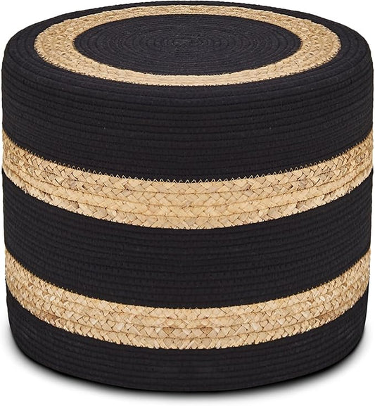 Wimarsbon 18'' Ottoman Pouf, Natural Braided Poof, Rustic Handweave Lounge Pouffe, Boho Footrest Stool for Bedroom, Accent Table or Seat for Living Room (Natural Water Hyacinth + Black Cotton Rope)