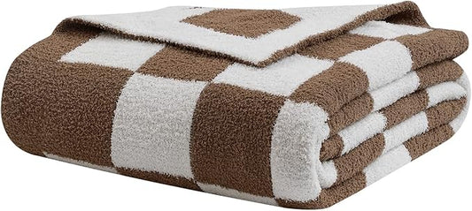 bearberry Fuzzy Checkerboard Grid Throw Blanket Knitted Soft Cozy Warm Microfiber Blanket Decor for Couch Sofa Bed Travel Home (Mocha, 40''x50'')