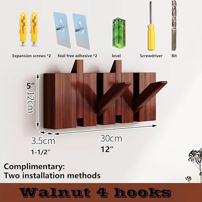 Wall Mounted Piano Key Hanger | Flip Style Hook | Entrance Wall Art Hook, Made of Oak Wood (3 Times Painted, 4 Times Polished) (Walnut, 4Hooks)