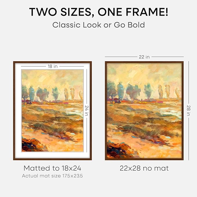 Homeforia 22x28 Poster Frame Walnut, High End Dark Oak 22x28 Large Wooden Picture Frame with Mat 18x24, 22 x 28 Brown Wood Frame Matted to 18 x 24, 28x22 Thin Frame, Tempered Glass, Wall Kit, Set of 1