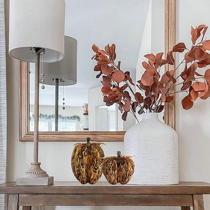 naturevibe 7.5/5.5 Inches Elegant Feathered Pumpkin Decor,Set of 2 Thanksgiving Decorations Natural Feather Pumpkins as Fall Home Decor,Centerpieces for Tables or Autumn Harvest Gifts