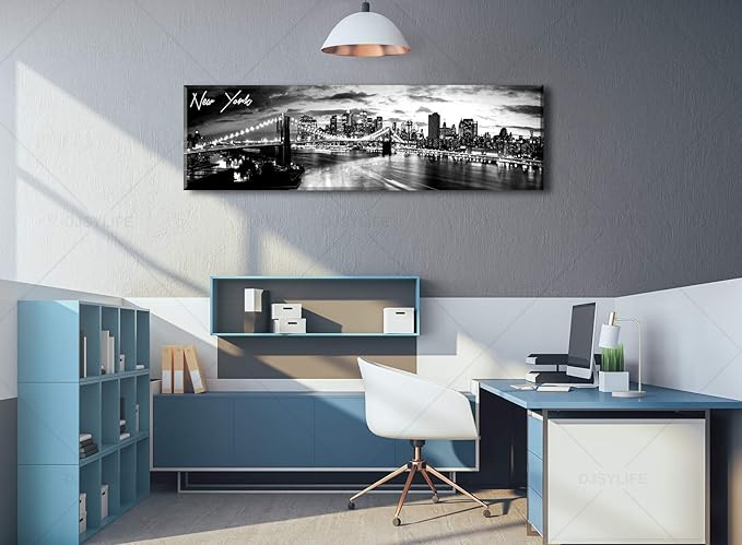 DJSYLIFE New York Skyline Wall Art - Brooklyn Bridge Night View - Black and White Nyc City Pictures Scape Artwork Painting Decoration for Bedroom or Office, Ready to Hang 13.8"x47.3"-New York1