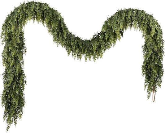 N&T NIETING 9ft Christmas Cedar Garland with Realistic Soft Thickness Pine, Artificial Green Faux Cedar Pine Garland for Fireplace Mantle Fireplace Indoor Outdoor Holiday Party Home Decoration