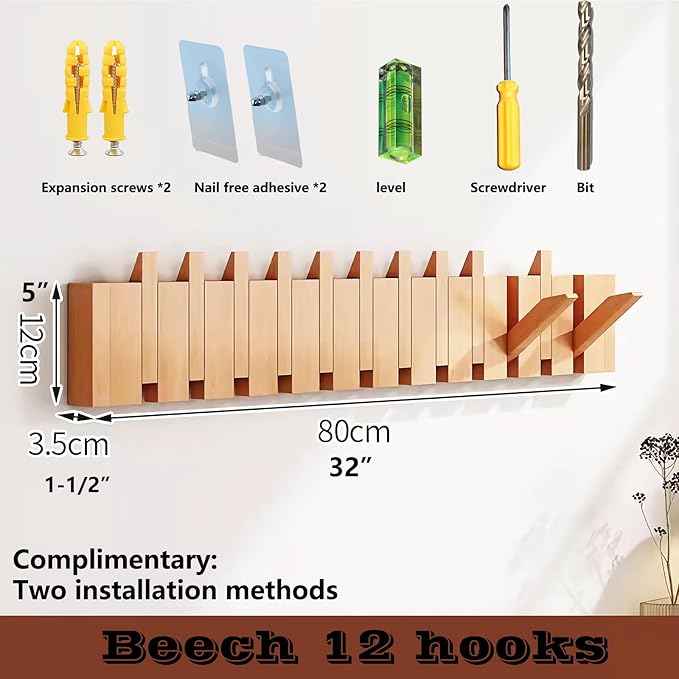 Wall Mounted Piano Key Hanger | Flip Style Hook | Entrance Wall Art Hook, Made of Oak Wood (3 Times Painted, 4 Times Polished) (Beech, 12Hooks)