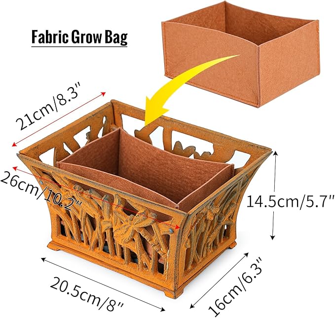 Sungmor Heavy Duty Cast Iron Planter Basket w/Non-Woven Growing Bag, Unique Shape & Beautiful Pattern Design, Hollow Orchid Flower Pot Garden Tools Holder, Full Rusted French Country Decor Container