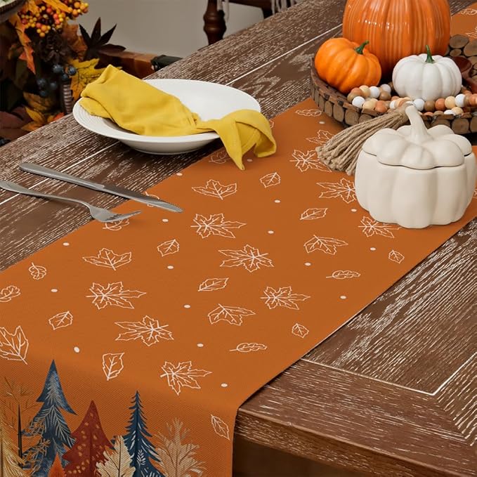 GEEORY Fall Watercolor Tree & Maple Leaves Table Runner 13x36 Inch, Rustic Farmhouse Autumn Thanksgiving Decor for Kitchen, Dining, Indoor/Outdoor Holiday Dinner Party Orange GT158-36