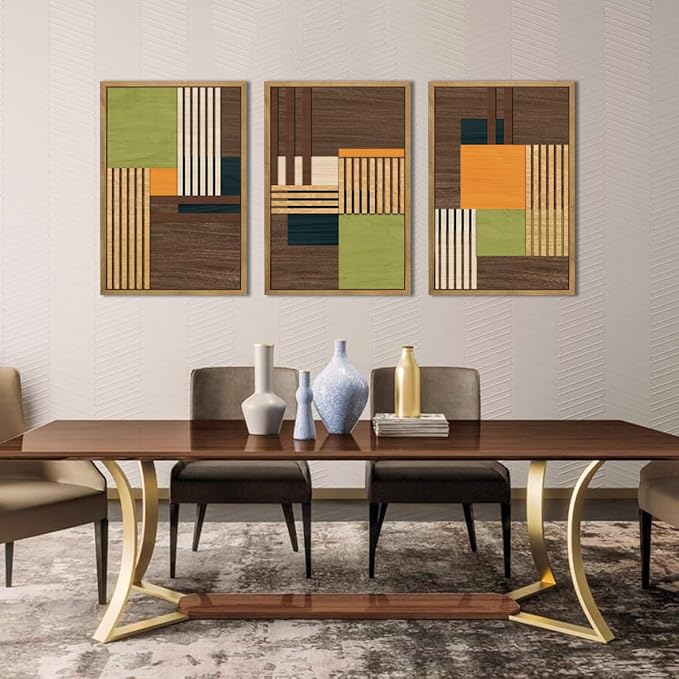 Large Modern Abstract Wall Art Set Minimalist Line Wood Wall Decor Neutral Brown Art Decor Colorful Geometric Wooden Wall Sculptures for Living Room Bedroom Office-16x24Inchx3