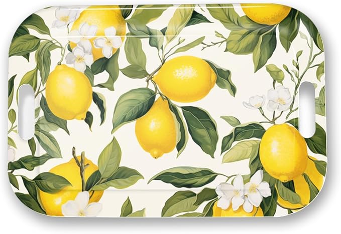 Serving Trays with Handles, 14.5 x 9.8 inch Rectangular Plastic Tray for Restaurant, Kitchen, Lemon and Lemon