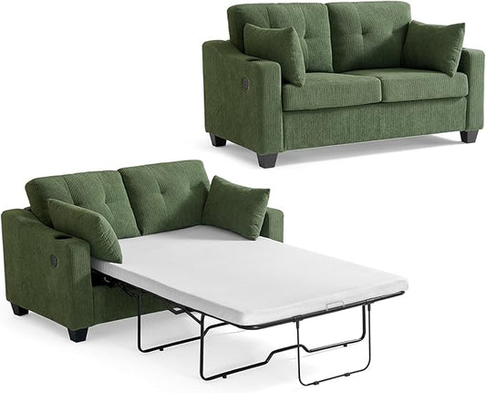 Pull Out Sofa Bed, Full Size Sleeper Sofa, 2-in-1 Convertible Corduroy Couch with USB Charging, Memory Form Couch for Living Room, Apartment and Small Space (Green, Corduroy - Full Size)