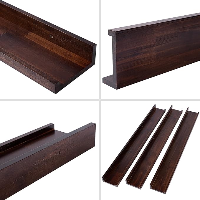 AZSKY Floating Shelves Deep Walnut for Wall Long Picture Ledge Shelf 48 Inch Beige Photo Ledge Shelves with Lip Wall Bookshelf for Kids Bedroom Living Room Bathroom Kitchen Wooden Spice Rack Set of 3