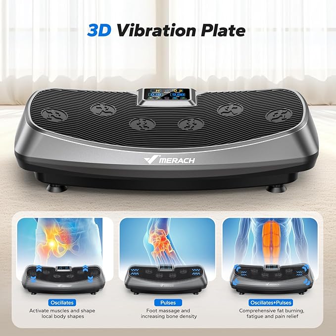 MERACH Vibration Plate Exercise Machine, 3D & 4D Vibration Plate with 2 Tension Ropes LED Display, Whole Body Vibration Platform for Women Men, Exercise Equipment for Home