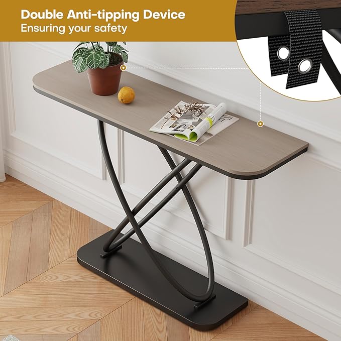 BECHAEO Farmhouse Narrow Console Table for for Living Room, 47.4" Rustic Narrow Entryway Table, Sofa Tables Behind Couch, Industrial Wooden Accent Tables for Hallway Foyer Warm Gray