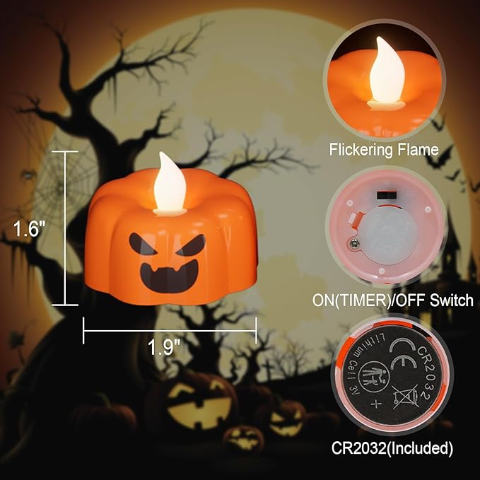 Wondise Halloween Flameless Candles, Pumpkin Battery Operated Candles with Timer, LED Flickering Votive Tealight Spooky Candles for Halloween Decorations Indoor (6 Pack, 1.9" x 1.6")