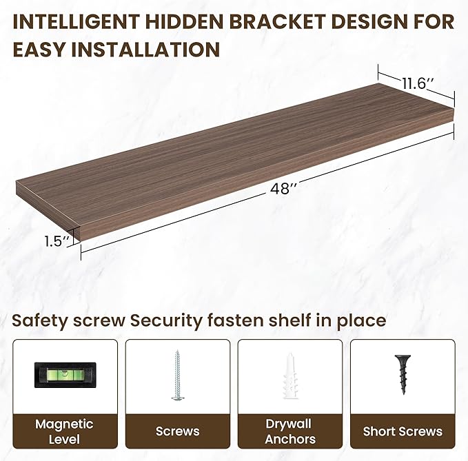 48 Inch Floating Shelves, 11.6 Inch Deep Floating Shelves for Wall, Floating Shelf with Invisible Brackets, Deep Shelves for Bathroom, Bedroom, Living Room, 1 Pack, Walnut