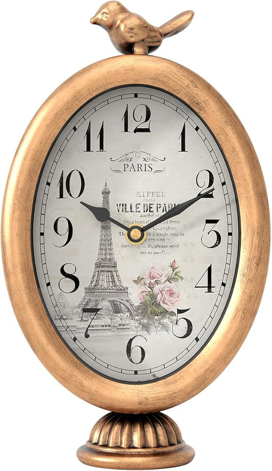 Vintage Table Clock with Bird, Desk and Shelf Decor Clock, French Paris Style, Antique Gold Metal Mantel Clocks for Living Room, Farmhouse, Bedroom, Bedside, Gift (10" H x 5.9" W)