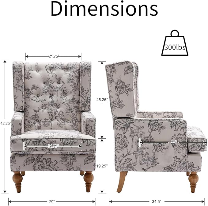 Mid-Century Accent Chair, Upholstered Arm Chair Linen Fabric Side Chair with High Back Solid Wooden Legs, Comfy Reading Chair for Living Room Bedroom, Floral Pattern