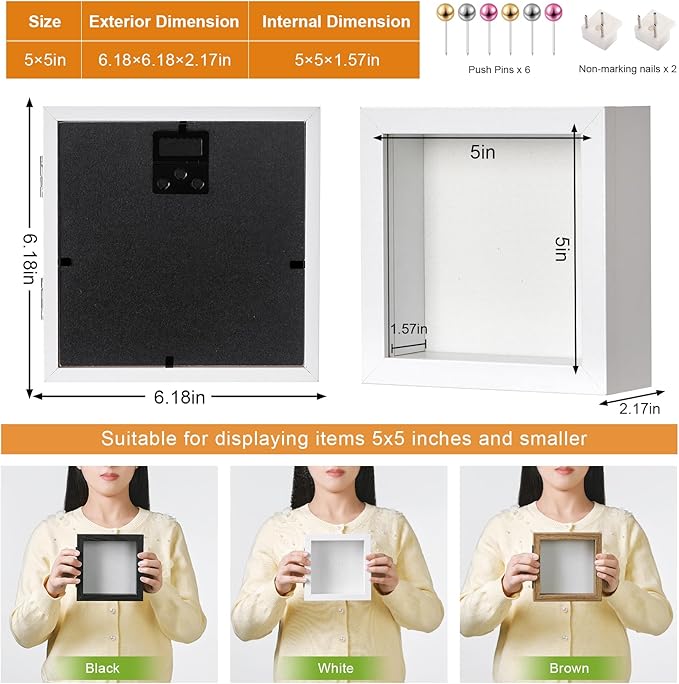 5x5 Deep Shadow Box Picture Frame Display Case with Linen Back ,Real Glass Small Mini White Shadow Memory Box Frame 5x5 for Insect Display Pet Photo Memorial Flower Art Craft Wall Decor Gift