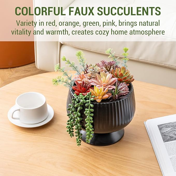 MyGift 10 Inch Modern Artificial Succulent Arrangement Potted in Matte Black Ribbed Ceramic Round Planter, Decorative Plant Pot with Assorted Faux Mini Succulents