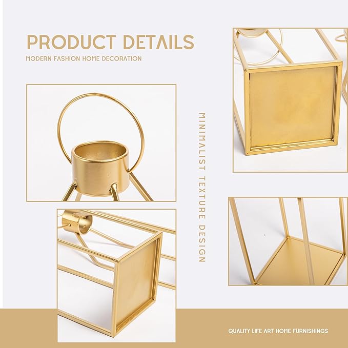 HPC Decor Modern Farmhouse Lantern Decor- Gold Metal Candle Lanterns for Christmas- Lanterns Decorative w/Timer Flickering Candles for Living Room, Home, Indoor, Outdoor, Table,Fireplace Mantle Decor