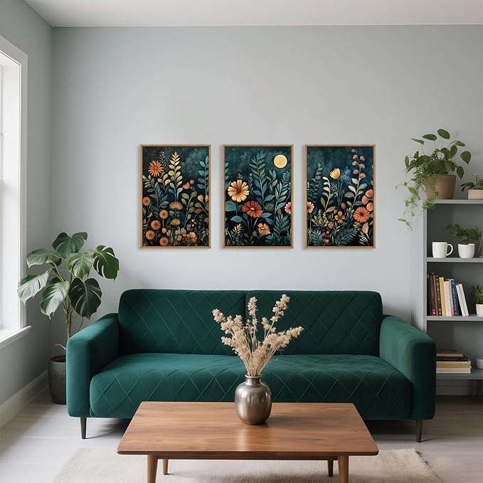Vintage Dark Botanical Framed Canvas Wall Art Set, Colorful Floral Wall Decor, Nature Wildflower Wall Painting, Colorful Blossom Art Prints for Living Room, Bedroom, Office - 16"X24"X3