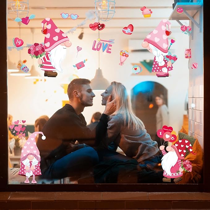 DC-BEAUTIFUL 107 PCS Valentines Window Clings, 9 Sheets Double-Sided Pink Love Heart Gnome Valentine Decoration Window Stickers, Reusable Static Holiday Window Decals for Home Wedding Party Decors