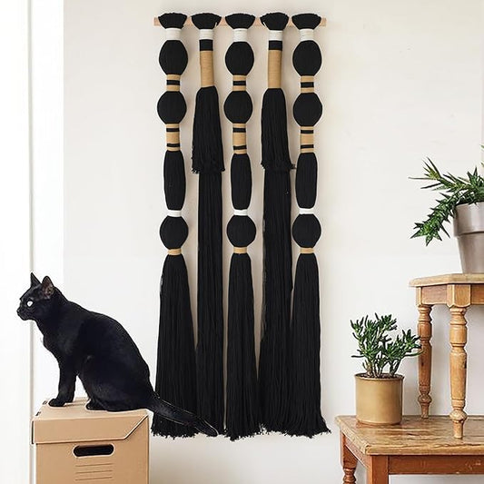 Macrame Wall Hanging Black Sphericity Cotton Tassels Textile Hanging Geometric Yarn Wall Art for Bedroom Living Room Decor 15.7" W x 39" L