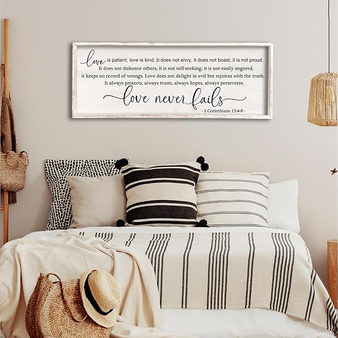 flowtorely Love is Patient, Kind Wall Art Decor 40"X15" Love Never Fails Sign 1 Corinthians 13 Bedroom Above Bed Large Bible Verse Quote Scripture Christianity Hanging Sign (White)