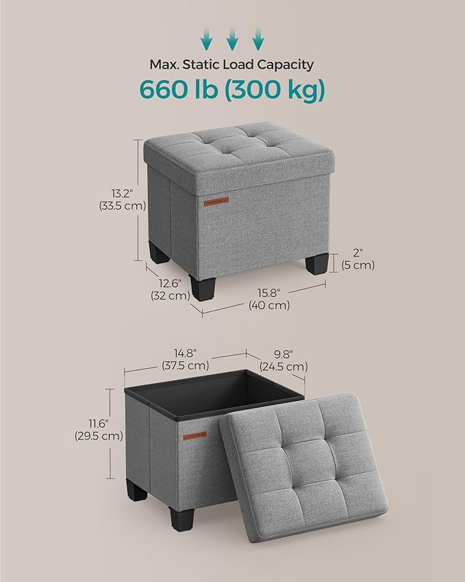 SONGMICS Storage Ottoman, Small Ottoman Foot Rest with Legs, 12.6 x 15.8 x 13.2 Inches Foot Stool, Load up to 660 lb, for Living Room, Bedroom, Dorm, Dove Gray ULSF012G02