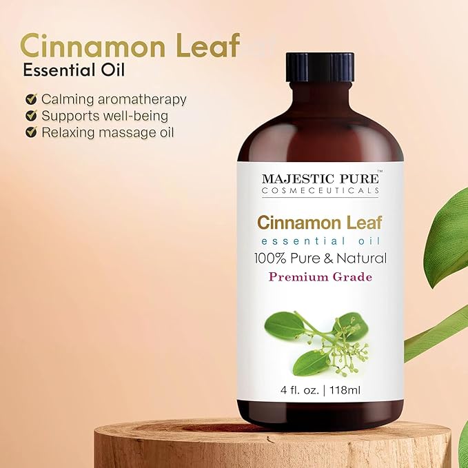 Majestic Pure Cinnamon Essential Oil with Glass Dropper - Huge 4 Fl Oz - 100% Pure and Natural Cinnamon Oil - Premium Grade Essential Oils for Diffuser, Aromatherapy, Soap and Candle Making